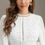 Polyester Round Neck Ladies Lace Dresses Long Sleeves Embroidered Lace Mini Dress