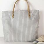 Striped Organic Cotton Canvas Tote Bag Fashion With Leather Handle