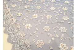 China Embroidered White And Blue Sequin Floral Lace Fabric With Scalloped Edging supplier