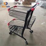 China Double Basket Supermarket Shopping Trolley Two layer Storage Metal Cart with Customized Logo and Colors for Shopping Transport for sale