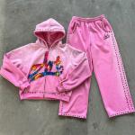 Custom Pink Diamond Hoodie Set Rhinestone Acid Wash Vintage Embroidered Hoodies Sweat Pant Sweat Suits Hoodie And Sweatpants Set for sale