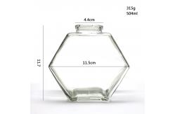 China Empty Hexagon Glass Honey Jar Pot Jar 12oz Capacity Wooden Bamboo Dripper supplier