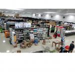 China Wood Steel Supermarket Store Fixtures Double Sided Gondola Supermarket Shelving Racks manufacturer