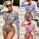 Striped Printed 3 Piece Swimwear Shirt Collar Mesh Sexy Three Piece Bikini Set for sale