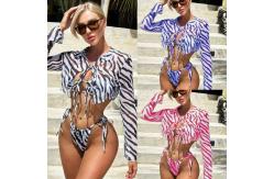 China Striped Printed 3 Piece Swimwear Shirt Collar Mesh Sexy Three Piece Bikini Set supplier