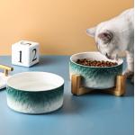 Ceramic Dog Bowl Non Slip Wood Stand For Small Medium Pet for sale