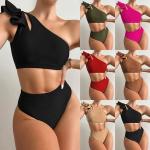One Shoulder Ruffled Two Piece Bikini Solid Color Split Sexy Swimsuits For Women for sale