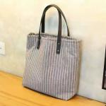Striped Organic Cotton Canvas Tote Bag Fashion With Leather Handle for sale