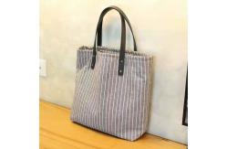 China Striped Organic Cotton Canvas Tote Bag Fashion With Leather Handle supplier