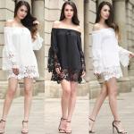 China sexy flounce off shoulder lace trim chiffon ladies' black and white  tops wholesale women blouse with elastic band manufacturer
