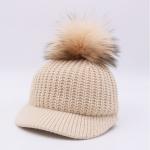 Wool Top Winter Baseball Hats , Real Raccoon Fur Mens Pom Pom Beanie Hats for sale