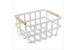 China White Long Rectangle Iron Storage Baskets With Wooden Handles supplier