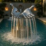 Large Modern Stainless Steel Mirror-Finish Hands Fountain Sculpture for sale
