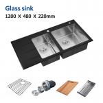 Double Bowl Tempered Glass Kitchen Sink 47' Square Brushed 120x48 for sale
