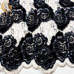 Embroidered Black Glitter Lace Fabric French Beaded For Bridal Dress for sale