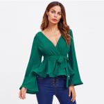 Bell Sleeve Wrap Blouse with Deep V Neck for sale
