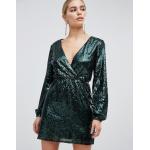 OEM sequin wrap front long sleeve green skater dress for sale