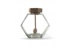 China Empty Hexagon Glass Honey Jar Pot Jar 12oz Capacity Wooden Bamboo Dripper supplier