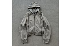 China Custom Patch Triple Zip Up Heavy Weight French Terry Faded Acid Wash Hoodie supplier