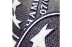 China Circle Shape Custom Clothing Patches Soft Heat Transfer Tatami Flocking With Champion Logo supplier