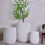 neutral white round fiber clay planter with radial geometric pattern lightweight durable low-maintainence flower pot holiday Villa hotel shopping mall office decoration garden landscaping project for sale