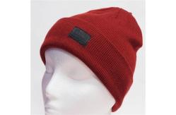 China Spandex Wool Crochet Knit Pom Pom Beanie With Embroidery Triangle Leather Logo supplier