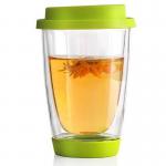 Hand Blown 12oz Double Wall Glass Cup Reusable Tumbler With Silicone Lid for sale