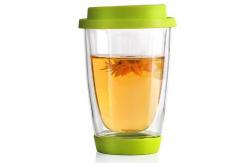 China Hand Blown 12oz Double Wall Glass Cup Reusable Tumbler With Silicone Lid supplier