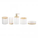 Clear Modern Glass Bath Accessories Round Shape With Wood Part Hand Soap Bottle Dispenser Soap Dish For Bathroom Toothbrush Tumbler Holder for sale