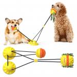 Sucker Drawstring Teeth Cleaning Dog Toy / TPR Double Ball Dog Food Dispenser Toy for sale