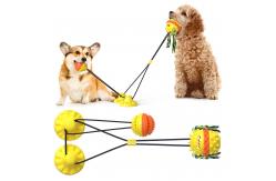 China Sucker Drawstring Teeth Cleaning Dog Toy / TPR Double Ball Dog Food Dispenser Toy supplier