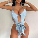 Solid Color Ladies One Piece Swimsuit Sexy Female Lace Up Bikini Tight Backless Durable for sale