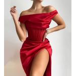 Autumn Women One Off Shoulder Satin Bone Pleated Mid Slit Dress