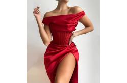 China Autumn Women One Off Shoulder Satin Bone Pleated Mid Slit Dress supplier