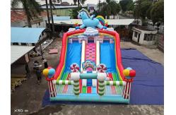 China Rainbow Horse Two Parallel Channels Inflatable Slides With Candy Shaped Pillars supplier