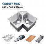 Brushed Stainless Steel Corner Double Bowl Kitchen Sink 16 Gauge 83x56 for sale