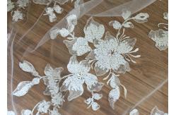 China Rich Beaded Flower Net Fabric With Sequins , Bridal Lace Fabric By The Yard supplier