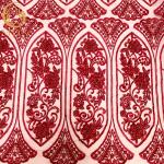 Red 3D Beaded Lace Fabric Handmade Embroidery With Sequins for sale