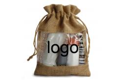 China Logo Customized Burlap Favor Bags Drawstring Christmas Bag With Clear Window supplier