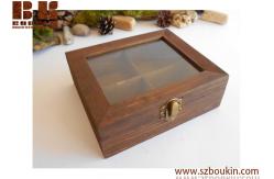 China Mahagony colored wooden tea box with glass display- 4 compartments display box- wooden storage box- keepsake jewelry box supplier