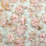 French 3D Flower Lace Fabric Beaded Handmade 1 Yard Pink Lace Cloth for sale