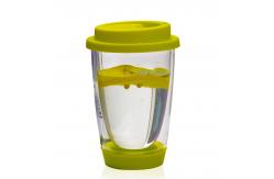China Hand Blown 12oz Double Wall Glass Cup Reusable Tumbler With Silicone Lid supplier