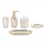 Mercury Gold Glass Bathroom Accessories Set Round Shape With Ribbed Vertical Stripe Glass Soap Dispenser Glass Toothbrush Holder Soap Dish Holder for sale