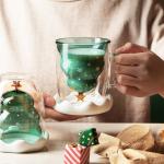 Christmas Tree Double Wall Glass Mug Cute Creative For Festival Gift OEM ODM for sale