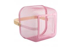 China Pink 24cm Cube Wire Storage Basket With Wooden Handle Kitchen Use supplier