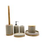 Sand color polyresin bathroom accessories set wooden base bathroom countertop accessories soap dispenser for sale