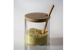 China Glass Condiment Seasoning Containers Bulk Reusable Spice Jars With Wooden Lid Spoon supplier