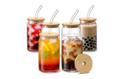 China 16oz Clear Mason Soda Juice Glass Jars With Bamboo Lids And Glass Straw supplier