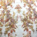 Fashion Beaded 3D Applique Lace Fabric Handmade Embroidery For Bridal Dress for sale
