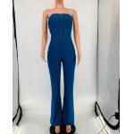 Small Quantity Garment Manufacturer Women'S One Piece Backless Color Block Denim Jumpsuit With Front Zipper for sale
